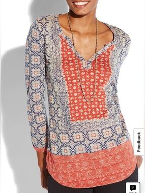 Lucky Brand Placed Scarf Top Sz L w MEASUREMENTS Red, Navy Blue, Cream Prints